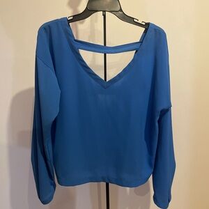 Tildon Royal Blue V-Neck Blouse Large Deep V Open Back